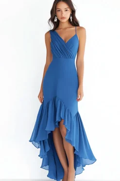 Bainha Azul Assimétrico Chiffon Babados Vestido De Baile