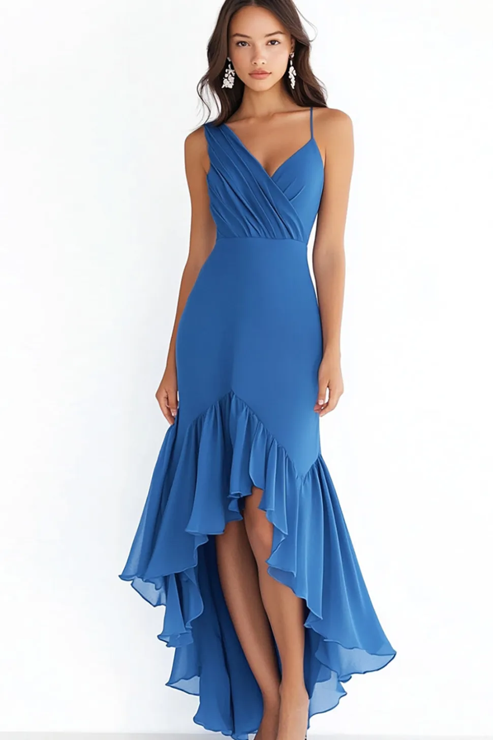 Bainha Azul Assimétrico Chiffon Babados Vestido De Baile