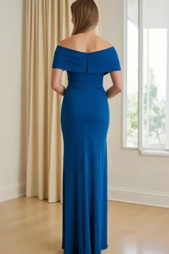 Bainha Azul Chiffon Off The Shoulder Long Mãe do Vestido de Noiva com Fenda