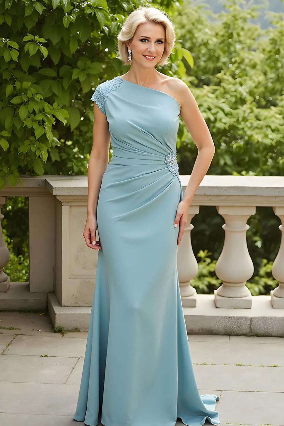 Bainha Azul Clara Um Ombro Mãe do Vestido da Noiva com Appiques