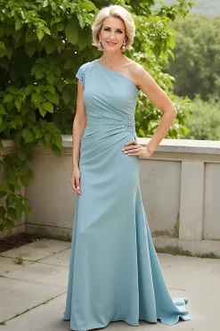 Bainha Azul Clara Um Ombro Mãe do Vestido da Noiva com Appiques