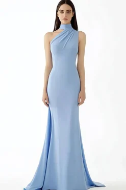 bainha azul claro halter crepe longo vestido de bola de gala
