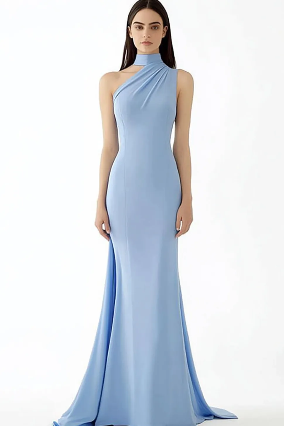 bainha azul claro halter crepe longo vestido de bola de gala