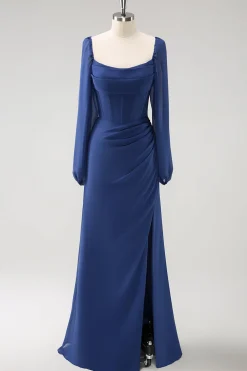 Bainha azul escura pescoço quadrado Chiffon mangas longas vestido de dama de honra com fenda