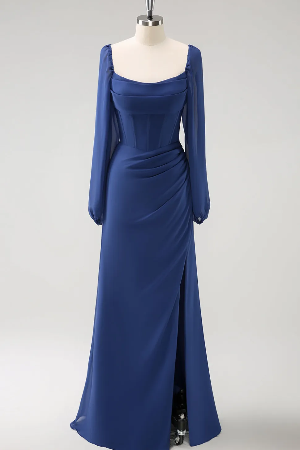 Bainha azul escura pescoço quadrado Chiffon mangas longas vestido de dama de honra com fenda