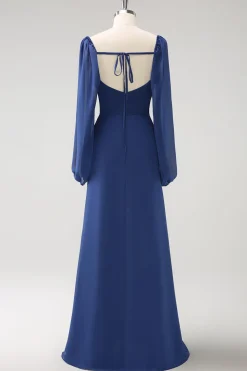 Bainha azul escura pescoço quadrado Chiffon mangas longas vestido de dama de honra com fenda