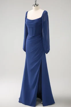 Bainha azul escura pescoço quadrado Chiffon mangas longas vestido de dama de honra com fenda