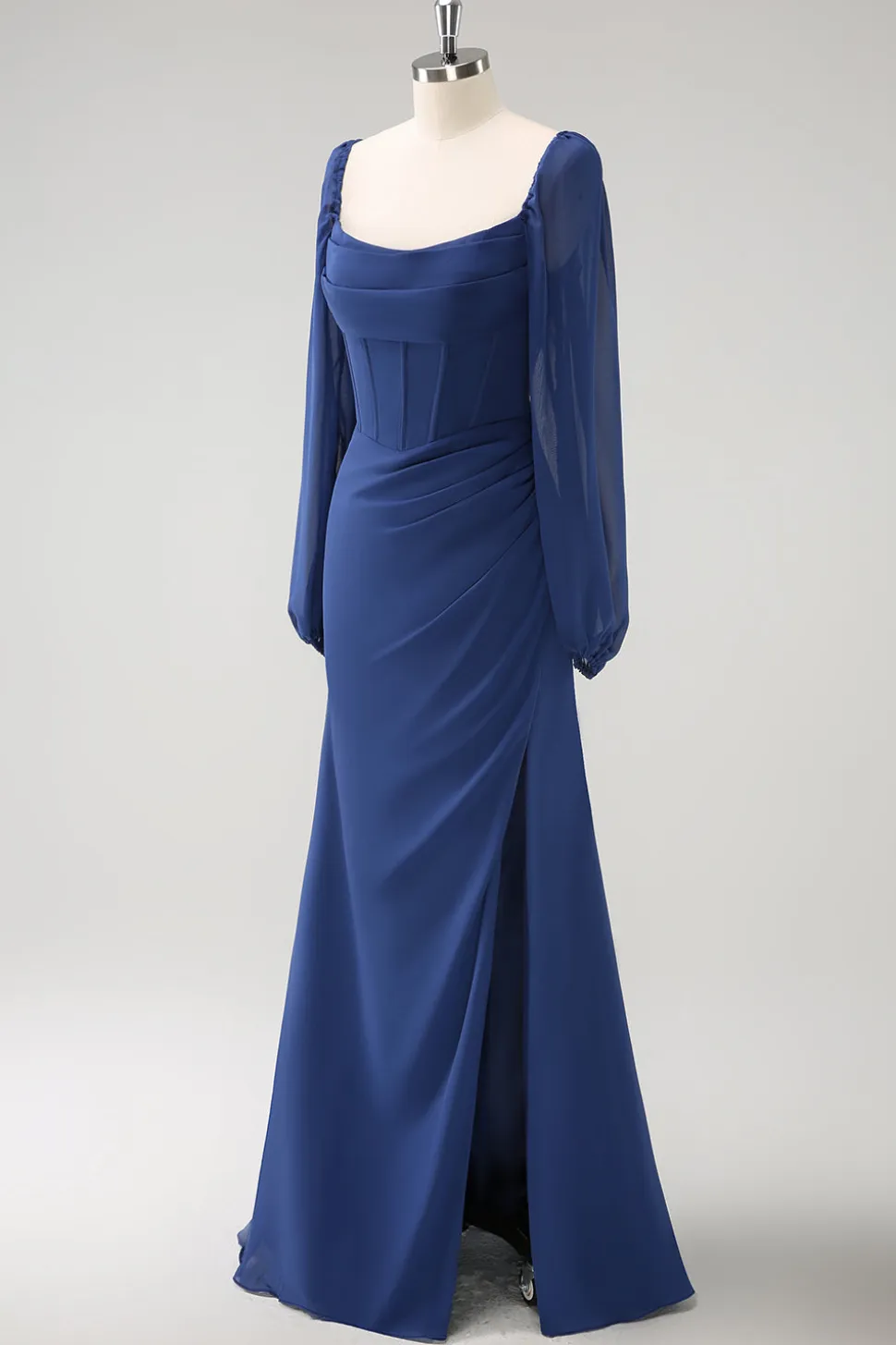 Bainha azul escura pescoço quadrado Chiffon mangas longas vestido de dama de honra com fenda