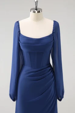 Bainha azul escura pescoço quadrado Chiffon mangas longas vestido de dama de honra com fenda