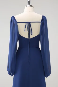 Bainha azul escura pescoço quadrado Chiffon mangas longas vestido de dama de honra com fenda