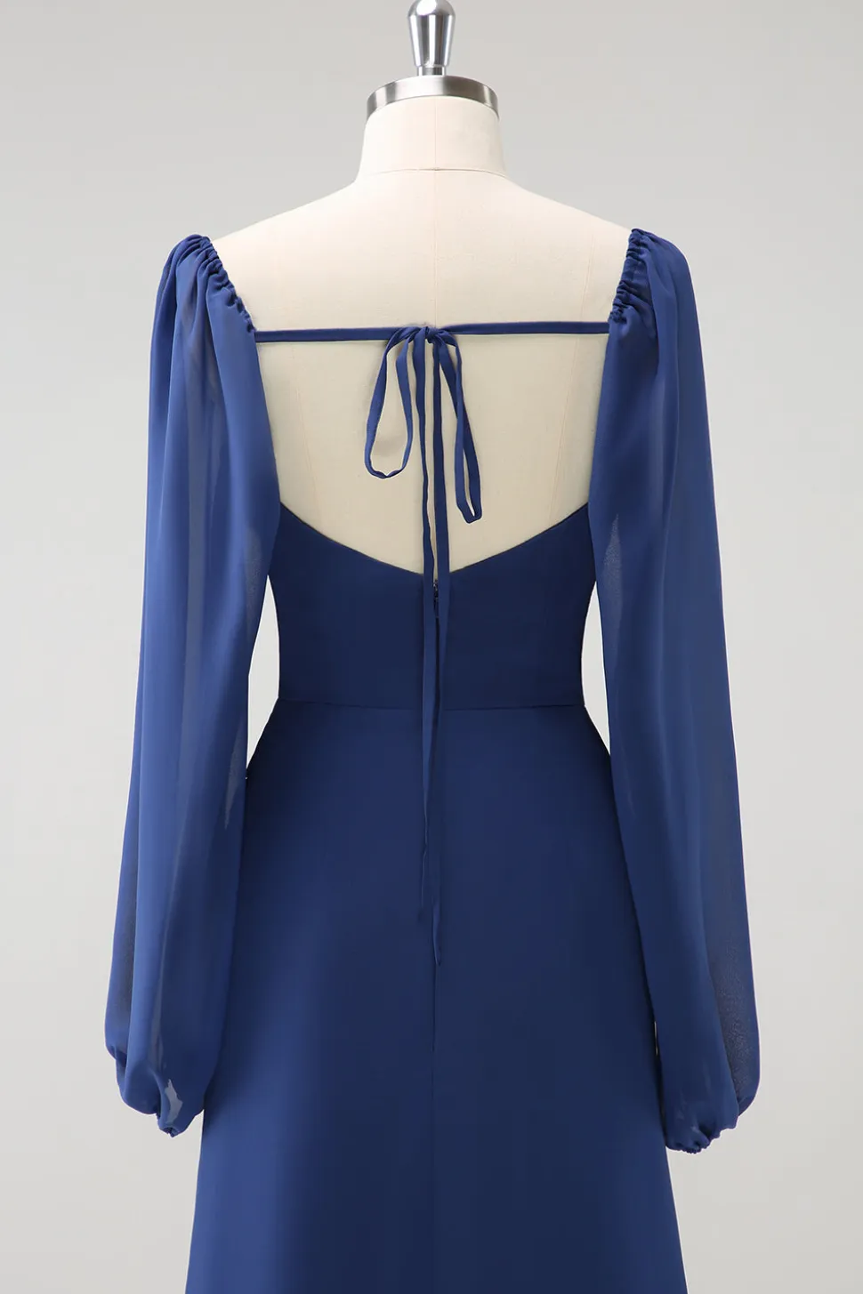 Bainha azul escura pescoço quadrado Chiffon mangas longas vestido de dama de honra com fenda