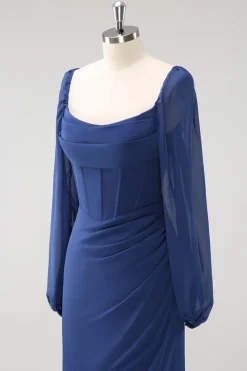 Bainha azul escura pescoço quadrado Chiffon mangas longas vestido de dama de honra com fenda
