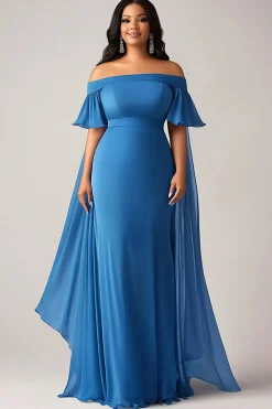 Bainha Azul Fora do Ombro Plus Size Longa Mãe do Vestido da Noiva com Folhos