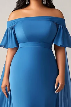 Bainha Azul Fora do Ombro Plus Size Longa Mãe do Vestido da Noiva com Folhos