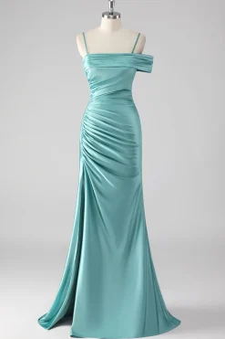 Bainha azul plissado espaguete alças longo vestido de baile