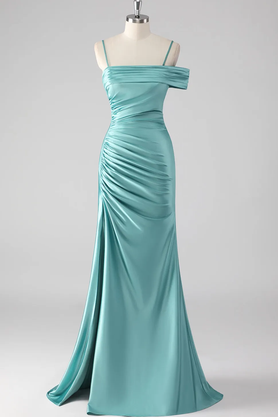 Bainha azul plissado espaguete alças longo vestido de baile
