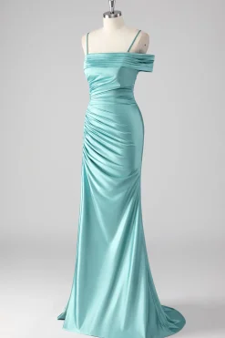 Bainha azul plissado espaguete alças longo vestido de baile