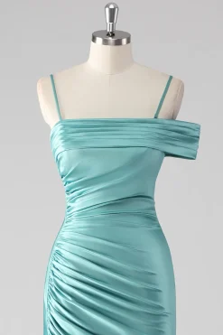 Bainha azul plissado espaguete alças longo vestido de baile