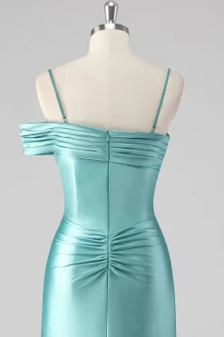 Bainha azul plissado espaguete alças longo vestido de baile