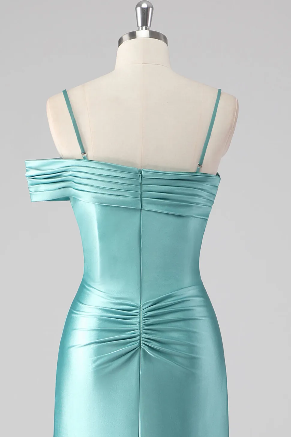 Bainha azul plissado espaguete alças longo vestido de baile