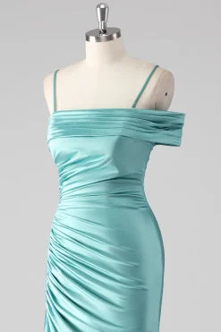 Bainha azul plissado espaguete alças longo vestido de baile