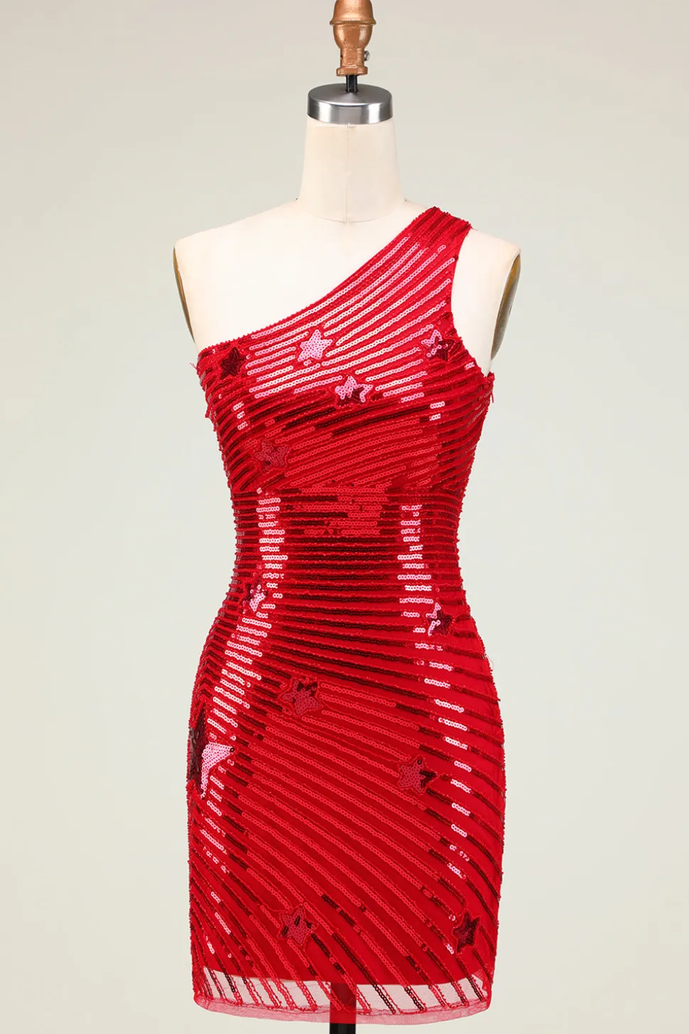 Bainha barata Um ombro vermelho Sequins curto Homecoming Dress com estrela