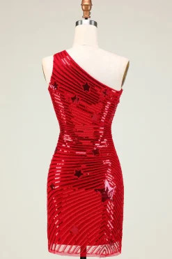 Bainha barata Um ombro vermelho Sequins curto Homecoming Dress com estrela