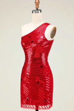 Bainha barata Um ombro vermelho Sequins curto Homecoming Dress com estrela