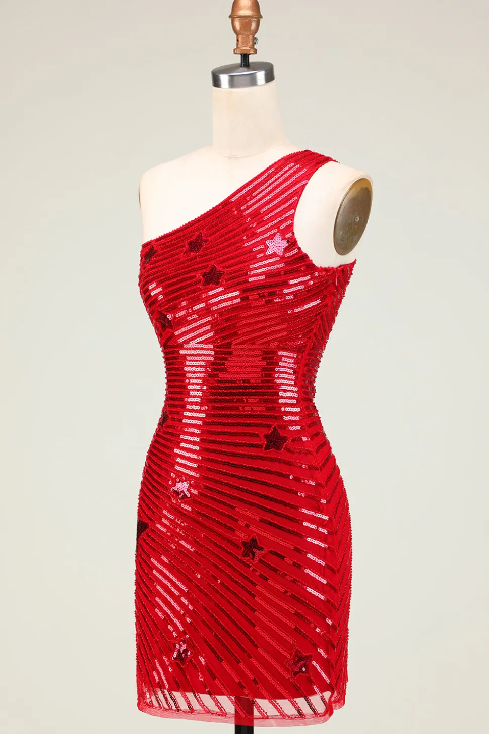 Bainha barata Um ombro vermelho Sequins curto Homecoming Dress com estrela