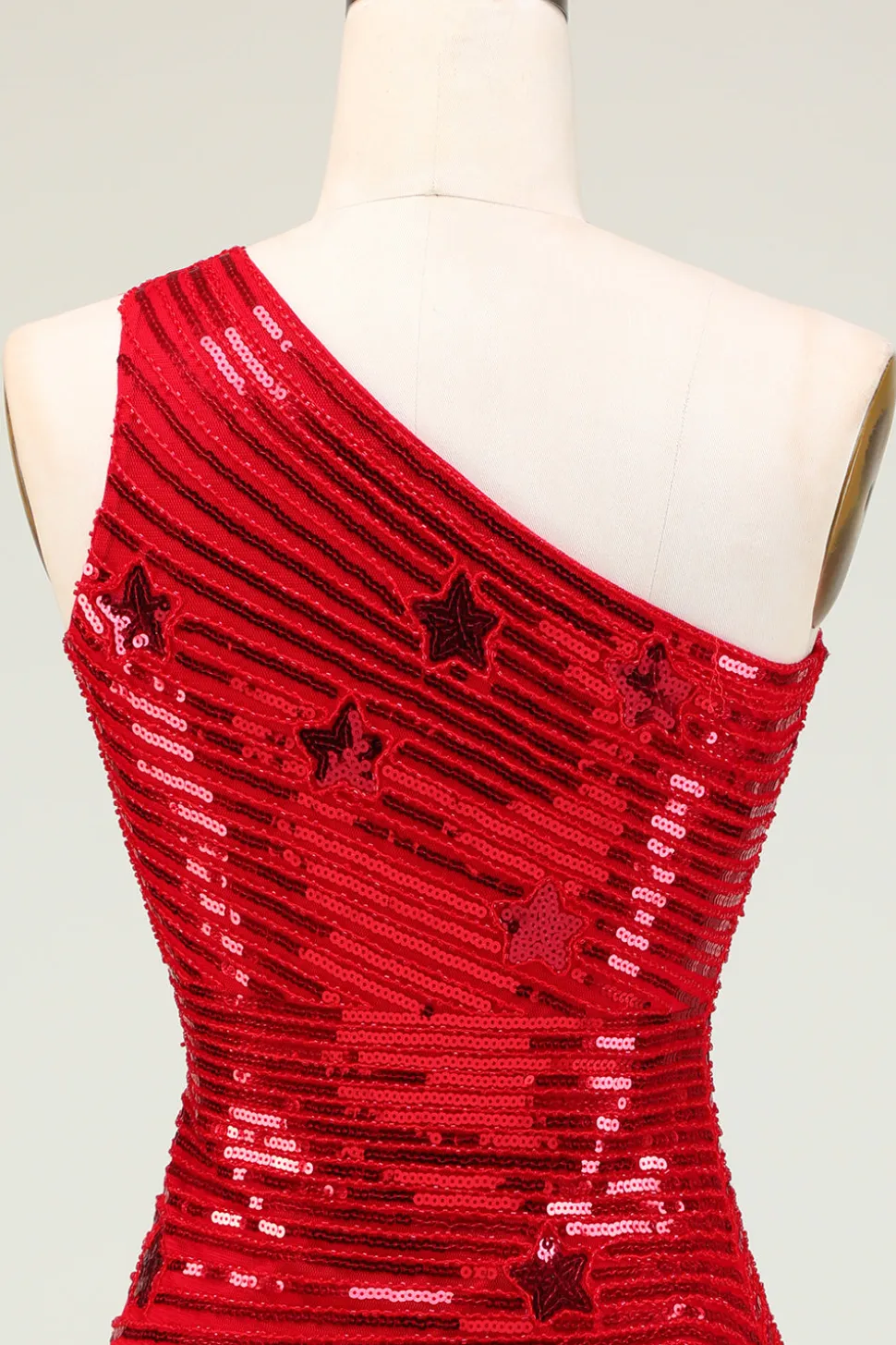Bainha barata Um ombro vermelho Sequins curto Homecoming Dress com estrela