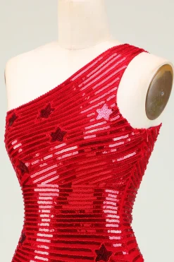 Bainha barata Um ombro vermelho Sequins curto Homecoming Dress com estrela