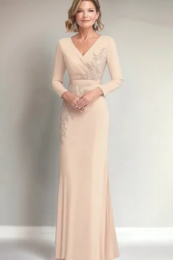 Bainha Bege V-neck Mangas Longas Mãe do Vestido da Noiva com Apliques