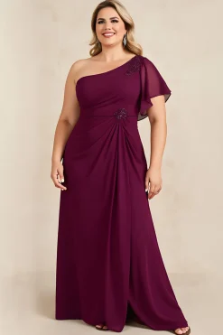 Bainha Borgonha Chiffon Um Ombro Longo Mãe do Vestido da Noiva com Missangas