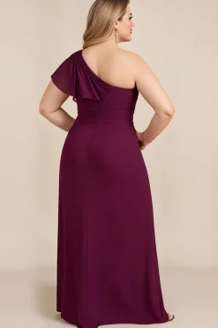 Bainha Borgonha Chiffon Um Ombro Longo Mãe do Vestido da Noiva com Missangas