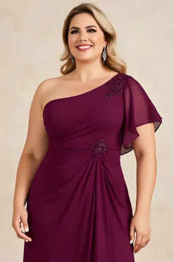 Bainha Borgonha Chiffon Um Ombro Longo Mãe do Vestido da Noiva com Missangas