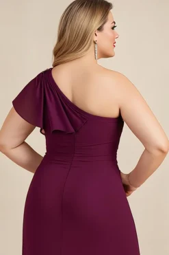 Bainha Borgonha Chiffon Um Ombro Longo Mãe do Vestido da Noiva com Missangas