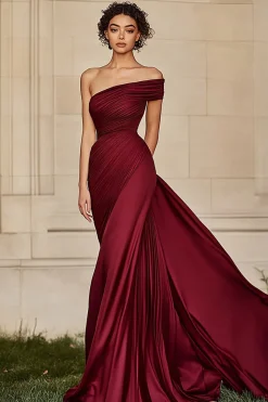 Bainha Borgonha Um Ombro Ruched Vestido de Baile de Cetim