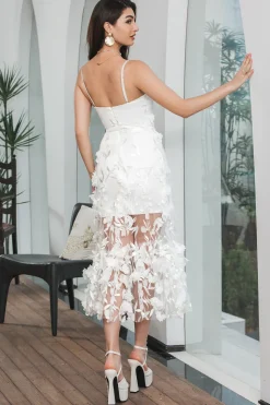 Bainha Branca Esparguete Correias Longo Noivado Vestido de Festa com Flores