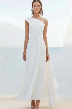 Bainha Branco Um Ombro Longo Vestidos Cerimónia com Folhos