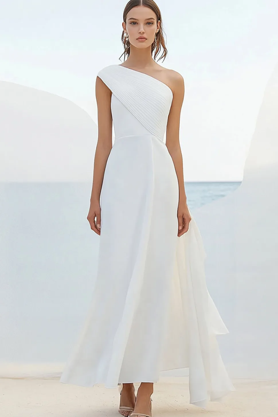 Bainha Branco Um Ombro Longo Vestidos Cerimónia com Folhos
