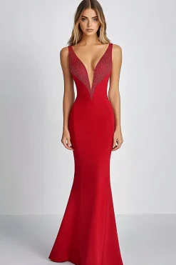 Bainha brilhante vermelho V pescoço longo vestido de baile com lantejoulas