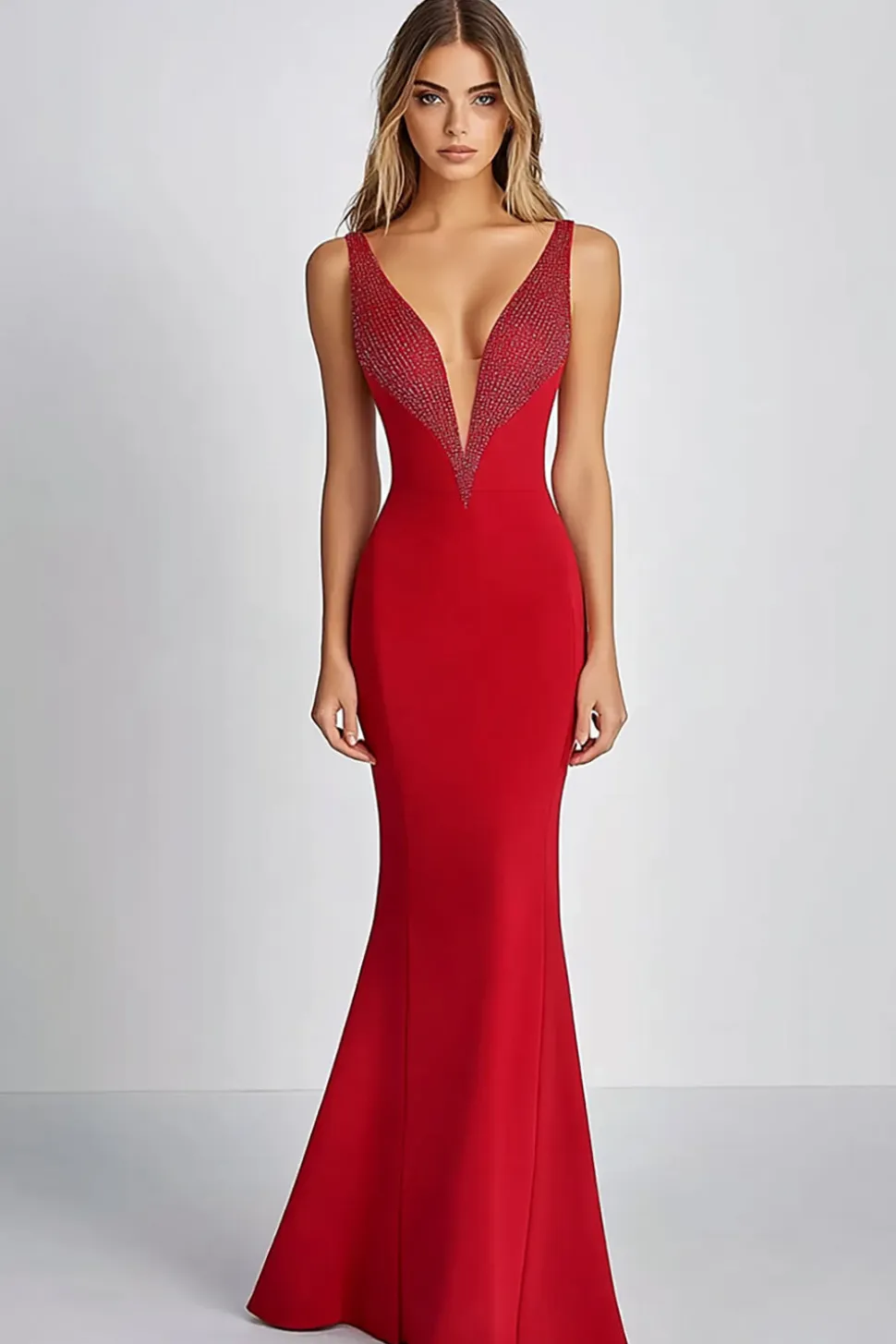 Bainha brilhante vermelho V pescoço longo vestido de baile com lantejoulas
