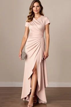 Bainha Cetim Ruched Longos Vestido Mae Noiva com Fenda