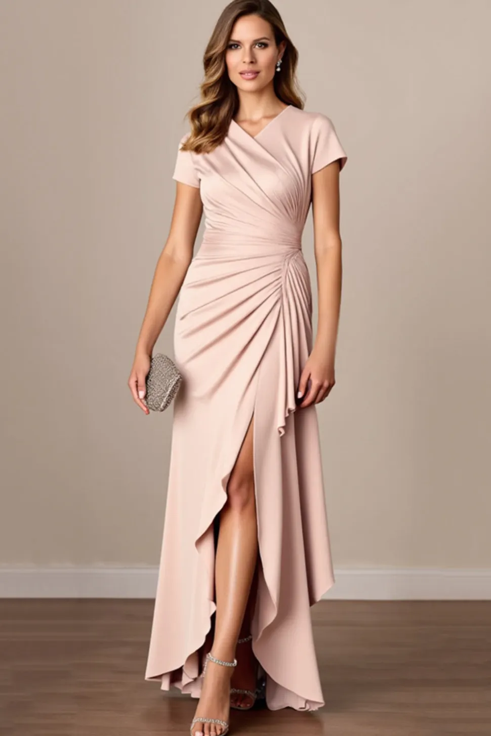 Bainha Cetim Ruched Longos Vestido Mae Noiva com Fenda