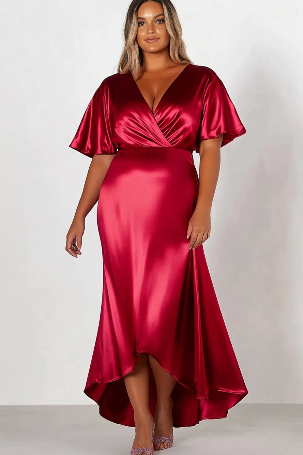 Bainha Cetim Vermelho Mangas Curtas V Pescoço Vestido Formal Longo