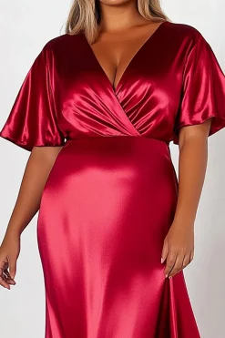 Bainha Cetim Vermelho Mangas Curtas V Pescoço Vestido Formal Longo