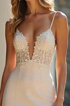 Bainha Champagne Stretch Cetim Esparguete Correias Longo Vestido de Baile