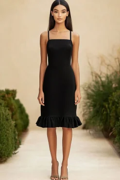 Bainha Chiffon Preto Midi Vestidos Cerimónia