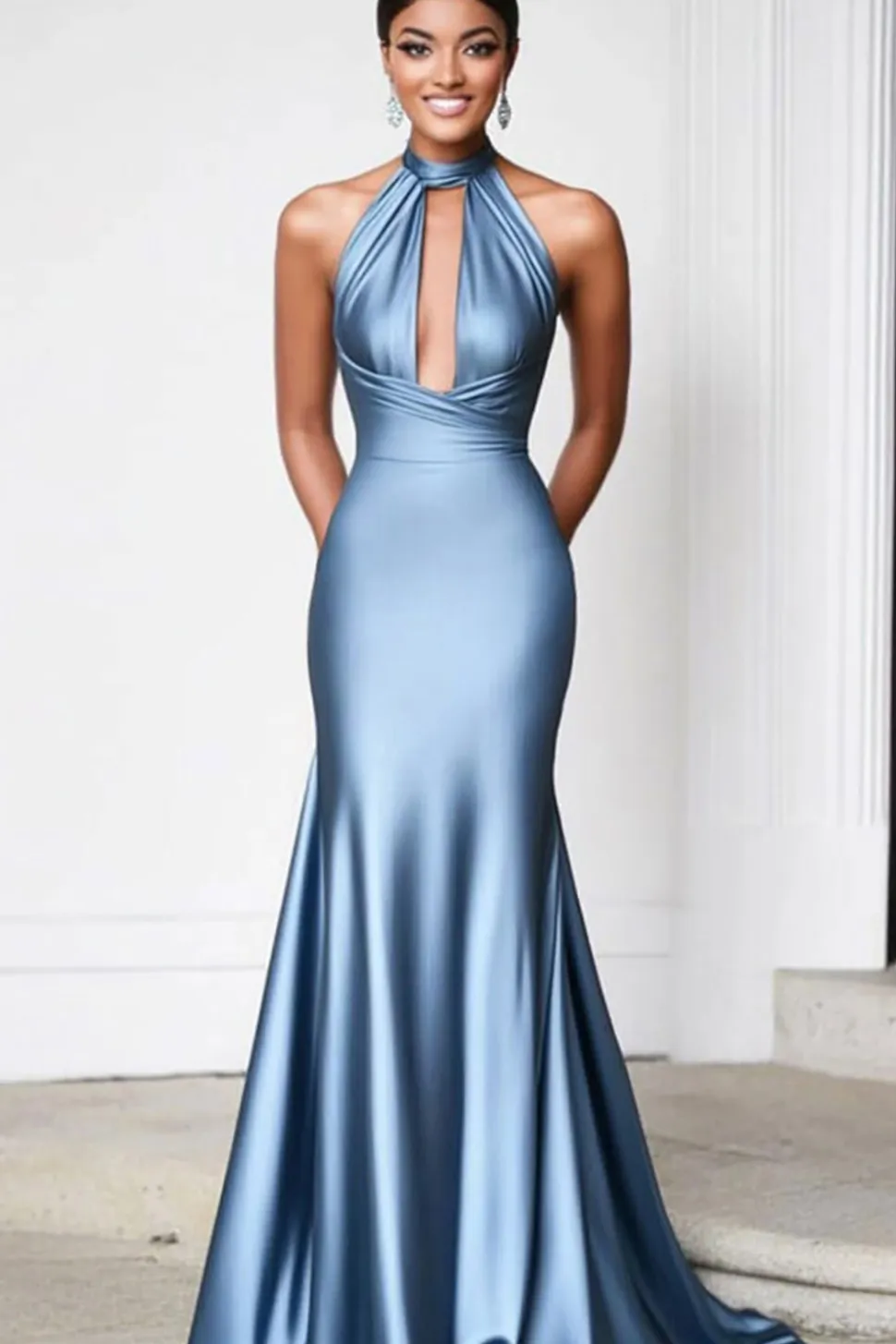 Bainha Cinza Azul Halter Strapless Gala Ball Dress