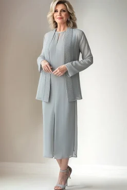 Bainha cinza claro pescoço redondo 2 peças mãe do vestido da noiva